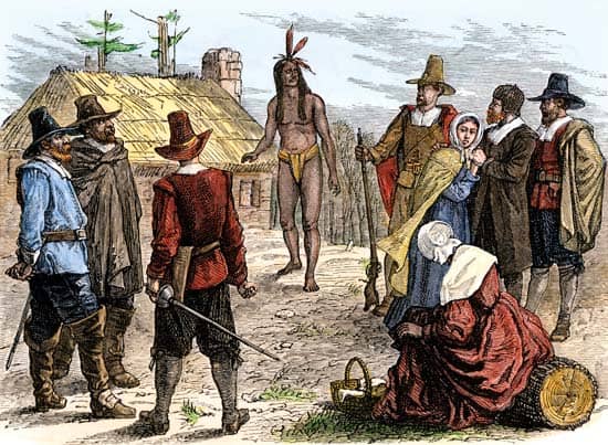 The first encounter between Samoset and the Pilgrims, as pictured by a modern illustrator