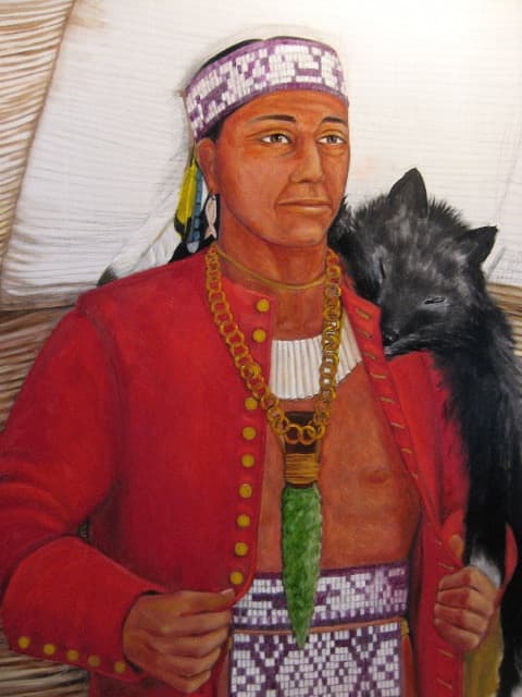 Massasoit wearing the red horseman's coat that he was given as a gift in the spring of 1621 by Edward Winslow and Stephen Hopkins on behalf of the Plymouth colonists—painting courtesy of Ruth DeWilde-Major