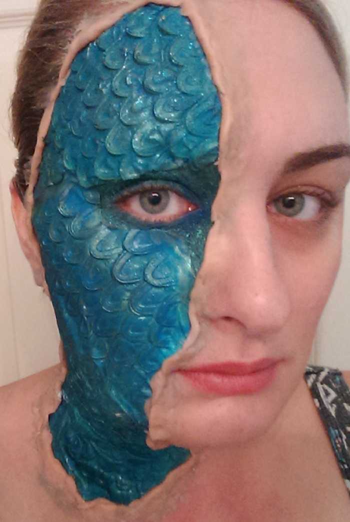 Before fake blood and finishing makeup, after applying fake skin!