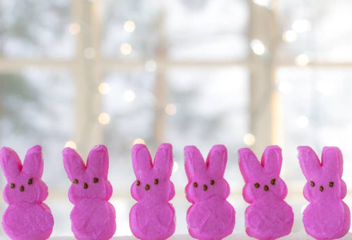 These are pink Marshmallow Peeps shaped like bunnies. They also come in other colors and shapes, like yellow chicks.