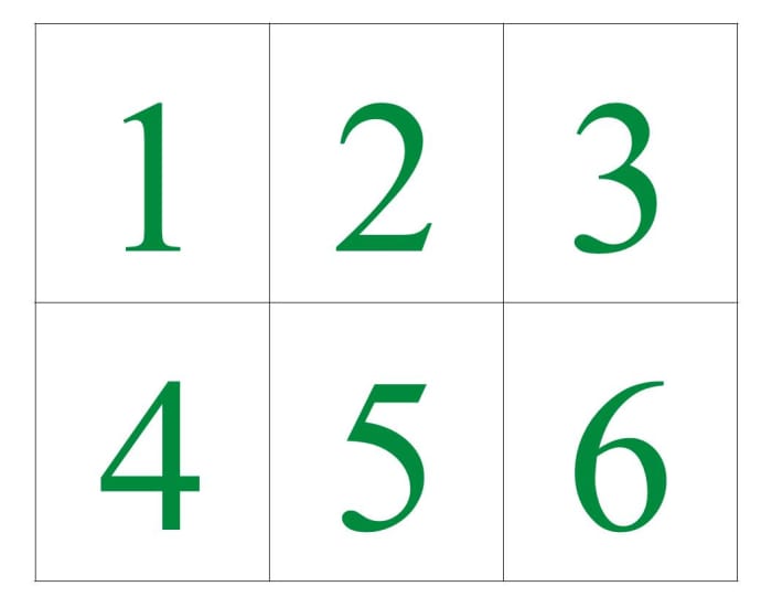 Numbered cards 1-6 for the narrator to hold up. Print on card stock, cut, and attach to rods or Popsicle sticks.