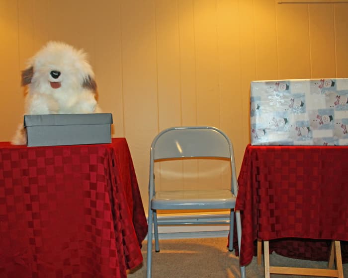 For a one-person puppet show, place your chair in the middle. The props can rest on the table to your left. The wrapped box to your right can hide the elf until you are ready to have him pop up.