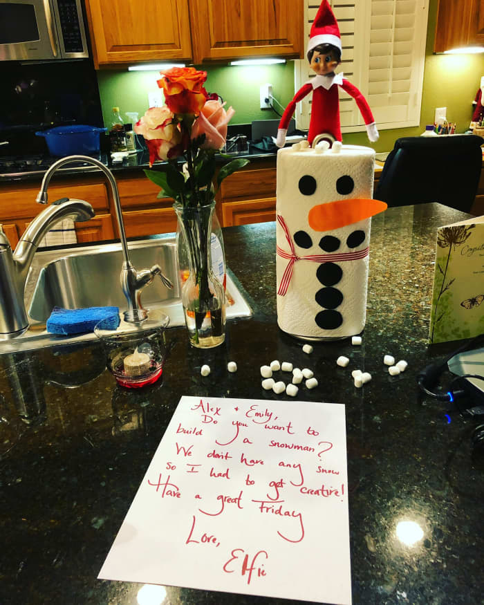 This is another really easy idea. I used a paper towel roll and some colored paper for the snowman, plus a ribbon that I had in the bin of wrapping paper supplies. Add a cute note and some mini marshmallows and you're done!