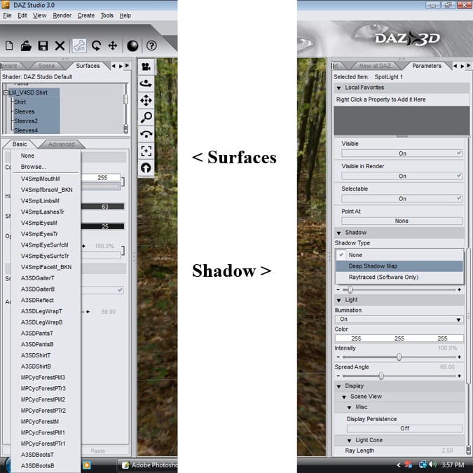 Left: Surfaces tab where you can change mats and adjust colors. Right: Parameters tab where you can activate light source shadows.