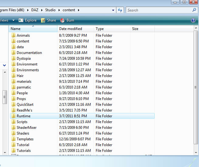 This is what the inside of your DAZ content folder looks like. It's in here where you will paste the 'runtime' folder from the zip folder you downloaded. It will automatically put all of its files into the DAZ runtime folder.