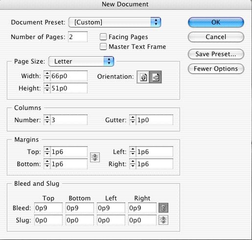 Document settings for a Tri-Fold Brochure in Adobe InDesign.