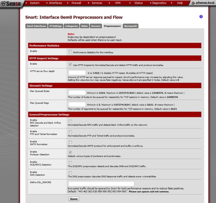 There are some important settings on the preprocessor and flow page that must be configured for each interface.