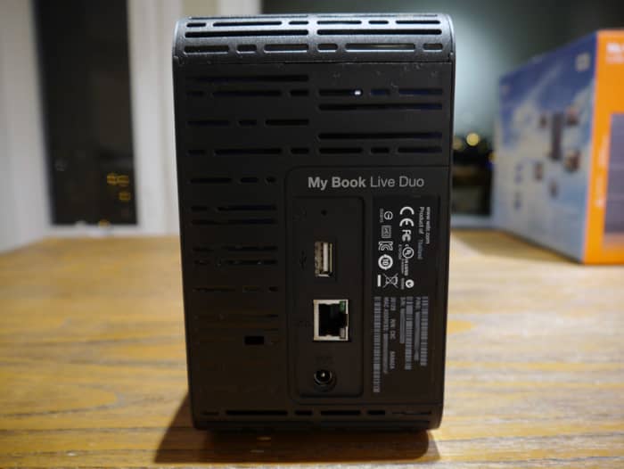 The back shows a power port, a USB port (for connecting another external USB drive), and an ethernet port (for far faster transfers than through your Wifi router).