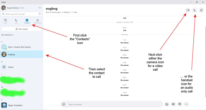 Select a contact and click the camera or handset icons to initiate a video or audio ony call respectively.