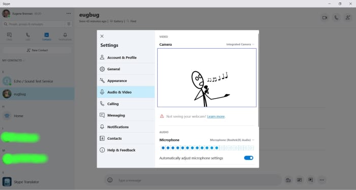 Setting up the microphone in Skype. If it's working ok, the bargraph will move up and down in response to detected sound.