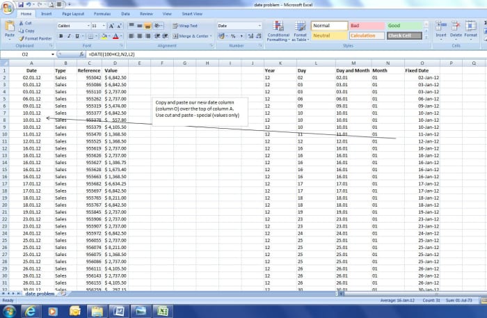 Copy over our new fixed date column over to the old date column, and our spreadsheet is fixed with new recognisable dates.