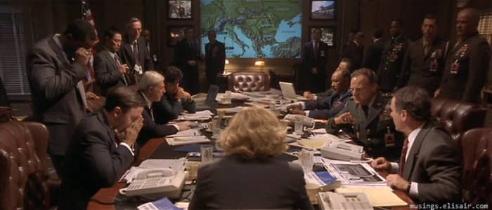 Like its inspiration 'Under Siege', the film also features a roundtable of military top brass and politicians unable to resolve the situation.