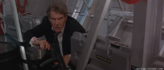 The film itself is pretty formulaic but never escapes the insanity of Ford's US President gunning down bad guys with a machine gun.
