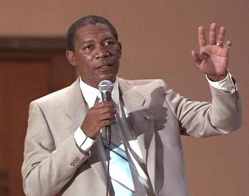Morgan Freeman as Joe Clark in Lean on Me. 