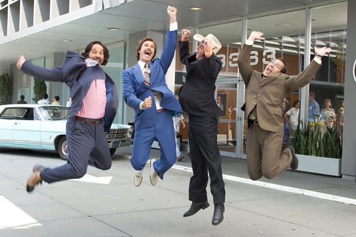 Paul Rudd, Will Ferrell, David Koechner, and Steve Carell in, "Anchorman: The Legend of Ron Burgundy."