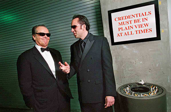Jack and Nick in the smoking room during the 75th Academy Awards. Both were nominated for the Best Actor award (for About Schmidt and Adaptation), PHOTO CREDITS: Richard Hartley
