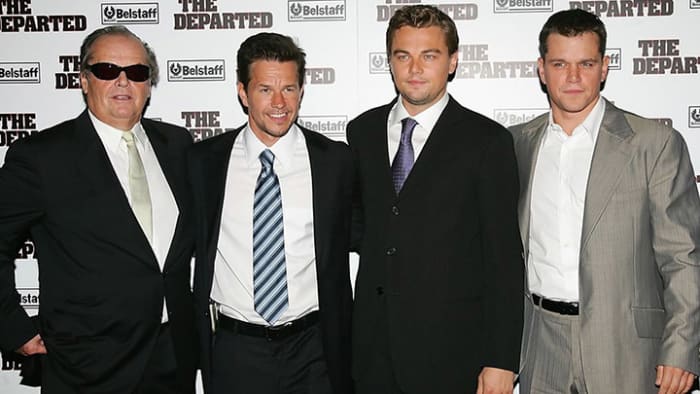 Standing among the shadows of greatness: Jack with The Departed's Mark Wahlberg, Leonardo DiCaprio and Matt Damon.