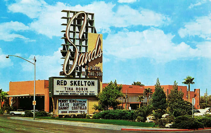 The Sands hotel, complete with a cameo by Red Skelton, was one of five casinos knocked off in the film.
