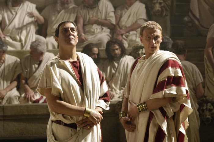 Ciarán Hinds as Julius Caesar and Kevin McKidd as Lucius Vorenus, a soldier and one of the primary storytellers in the series Rome.