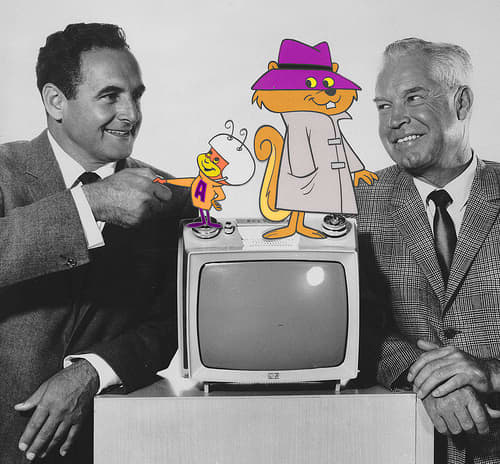 A publicity image of William Hanna (right) and Joseph Barbera (left) with Atom Ant and Secret Squirrel