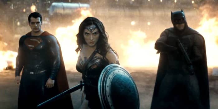 Gadot (centre) provides far more interest as the enigmatic Wonder Woman than either Cavill (left) or Affleck (right)