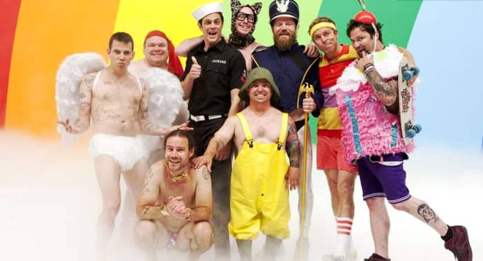 The gang all returned for one final hurrah due to the untimely death of Ryan Dunn (third from right) in 2011. His fate overshadows the film to a large extent.
