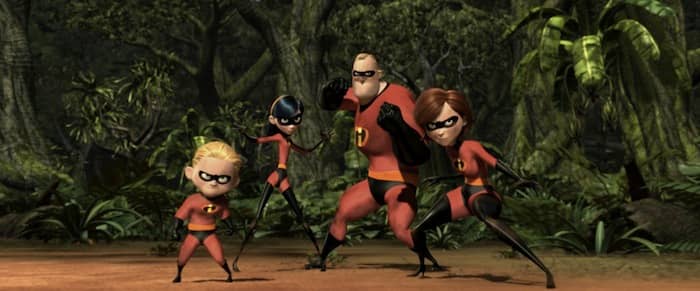 (from left to right) Dash, Violet, Bob and Helen Parr - ready to dispense justice, the Incredible way...