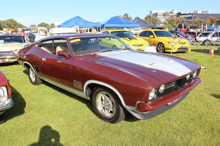 The 1974 Ford Falcon XB, similar to the car Bana owned and raced. A modified version of the car won Australia's Touring Car Championship in '76 and '77.
