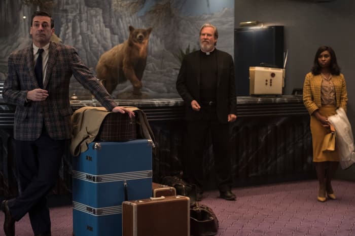 Jon Hamm, Jeff Bridges, and Cynthia Eriva as Seymour 'Laramie' Sullivan, Father Daniel Flynn, and Darlene Sweet in, "Bad Times at the El Royale."