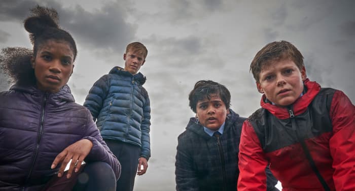 From left to right: Kaye (Rhianna Doris), Lance (Tom Taylor), Bedders (Dean Chaumoo), and Alex (Louis Ashburne Serkis) in, "The Kid Who Would Be King."