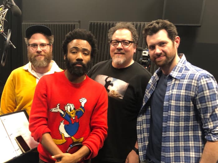 Behind the scenes (from left to right): Seth Rogen (Pumbaa), Donald Glover (Simba), Jon Favreau (director) and Billy Eichner (Timon)