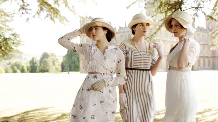 The Crawley sisters. Jessica Brown Findlay as Lady Sybil Crawley, Michelle Dockery as Lady Mary Crawley, and Laura Carmichael as Lady Edith Crawley.