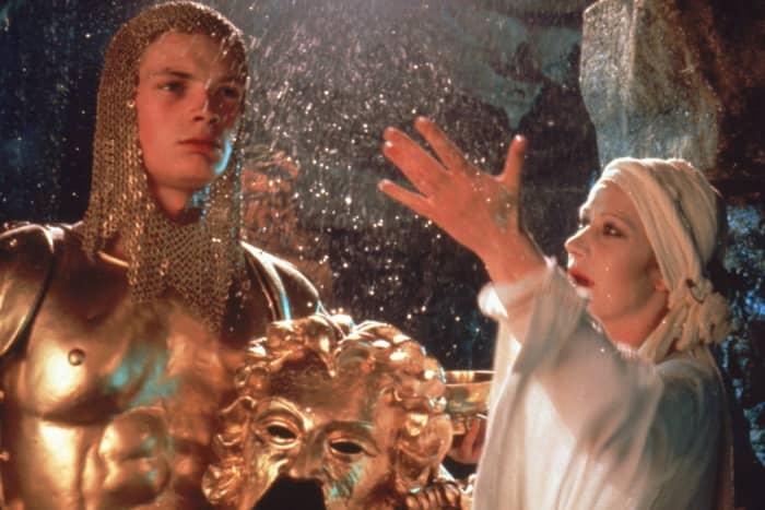 Morgana (Helen Mirren) casts a spell to make Mordred (Robert Addie) invulnerable to any blade forged on Earth
