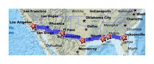 Interstate 10 runs from coast to coast, Los Angeles to Jacksonville, covering a total of 3,960 miles.