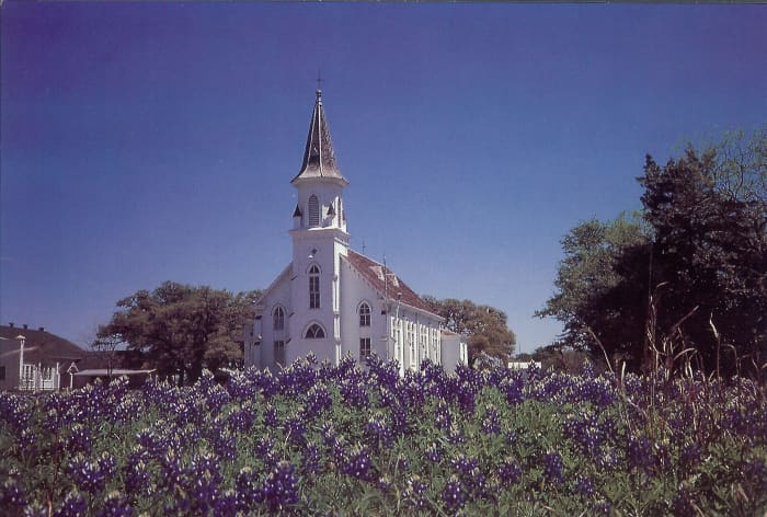 On back of postcard - Sts. Cyril and Methodius Catholic Church - Dubina. TX. Bluebonnets in the springtime at Dubina: the oldest Czech settlement in Texas. The church interior is decorated throughout with frescoes and stenciling in vivid colors comm
