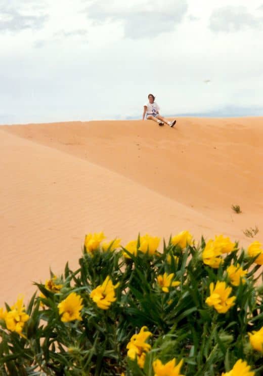 Sitting on top of a pink world at the Coral Pink Sand Dunes State Park in Utah.