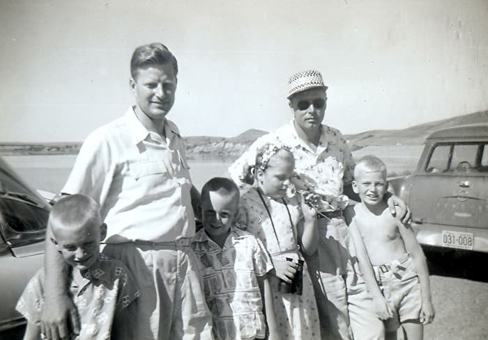 2 Families Posing with Missouri River Behind Them, 1950s (Billy, Uncle Russ, Johnny, Peggy, my Dad, Tommy)