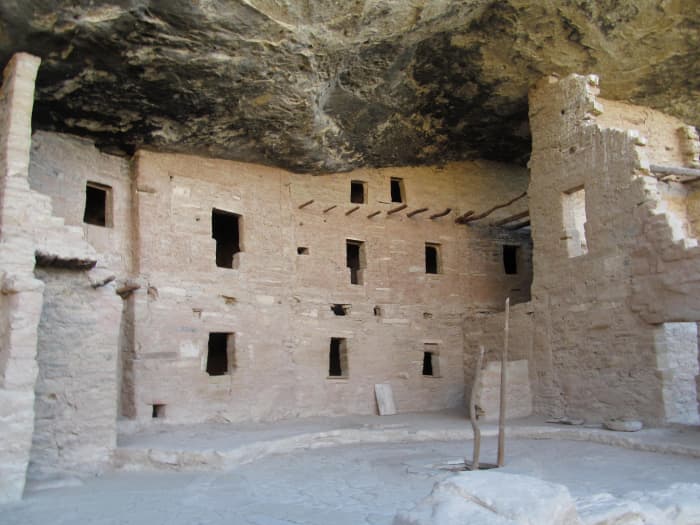 Spruce Tree House as it appears today. Just imagine a balcony perched up on those poles sticking out from the wall!