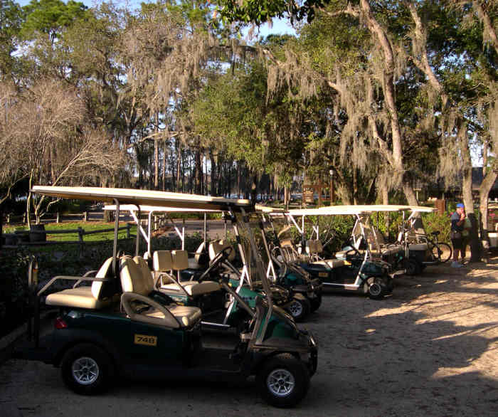 Golf cart parking is found throughout the resort, including at the cabins - most locations include power outlets to charge the battery while you're away.