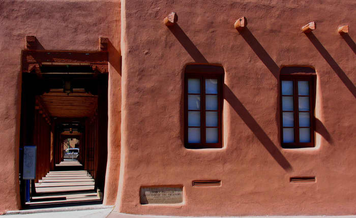 All the buildings are southwestern adobe in style.