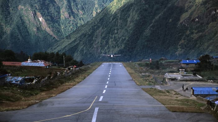 The runway at Lukla airport has a gradient of 12 percent and when planes take off, they plunge downhill off a 2,000-foot cliff!