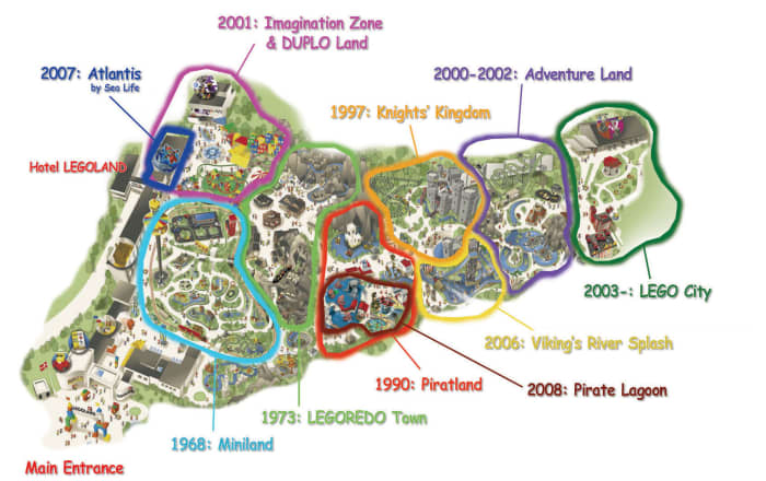 A map of the theme park, Legoland in Billund, Denmark. It shows the different places the park has and when each place was built.