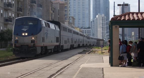 Amtrak's Texas Eagle with Superliner cars pulls into a station in Austin, Texas, in June of 2011.