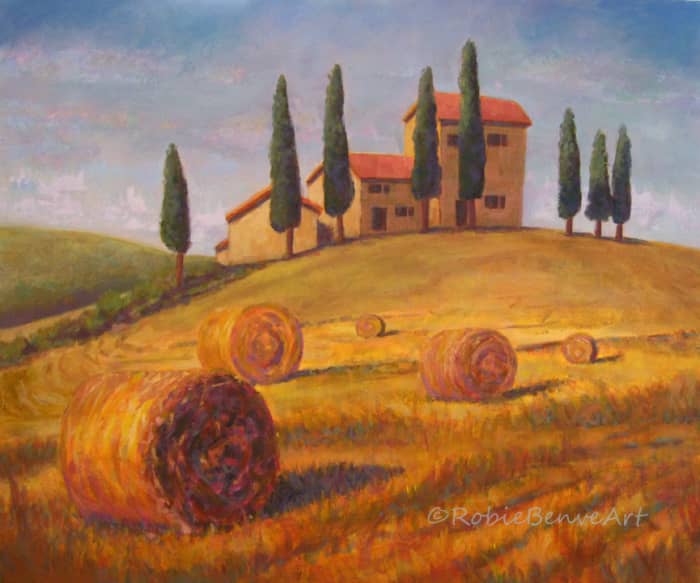 "Tuscan Bales": painting of a landscape in Tuscany with hay bales.