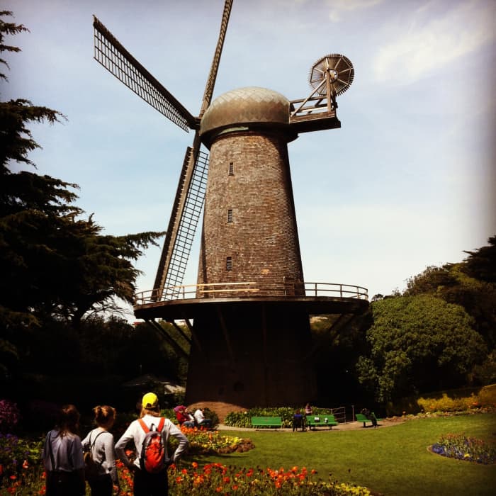 The Queen Wilhelmina Windmill, one of two Dutch-style windmills built in 1903 to pump water through the park. The north windmill is named after Queen Wilhelmina of The Netherlands who made a gift of the adjacent flower garden.