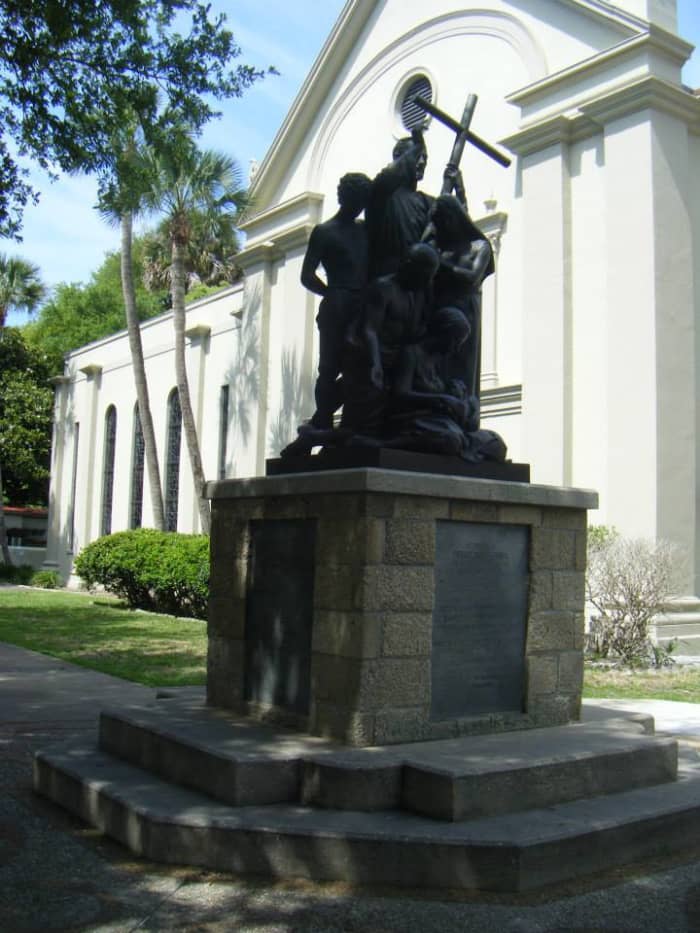 The Father Pedro Camps Statue, which is situate inside the cathedral courtyard. Camps was a Roman Catholic priest and missionary from Minorca. He reestablished the Church of San Pedro on St. George Street in the late 18th Century. He die in 1790.