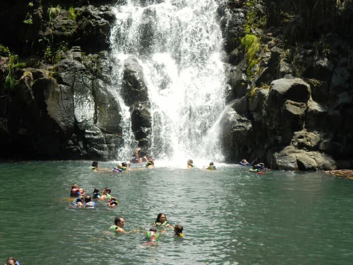 Waimea Falls. Visitors are welcome to take a dip at the foot of the waterfall while in Waimea Valley.