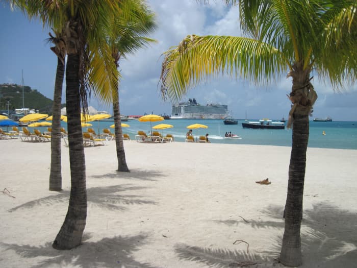 The beautiful Norwegian Epic framed by palm trees on the beach in St. Maarten in the Caribbean.