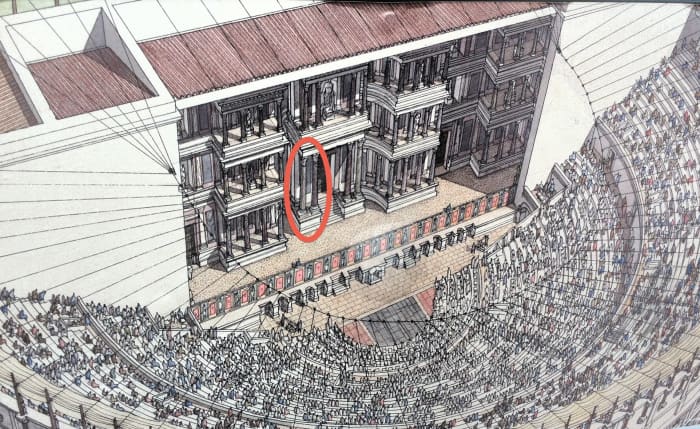 This illustration shows the original theater in the times of the Roman Empire. The two columns circled in red are all that remain of the ornate stage.