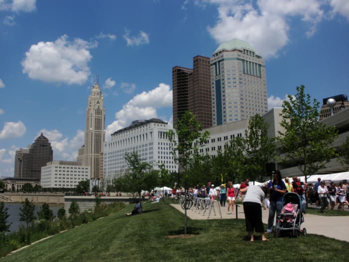 Visit the Scioto Mile, the location of many Columbus festivals, including the Arts Festival, which is seen here, "Red, White and Boom!" fireworks display, and the Jazz and Ribs Festival.